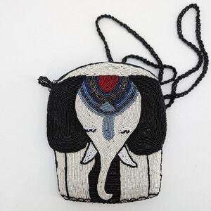 Vintage Beaded Elephant Crossbody Bag Black White Seed Beaded Small Purse